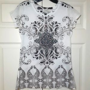 Turquoise sequined white dress barn shirt with mandala womens size small